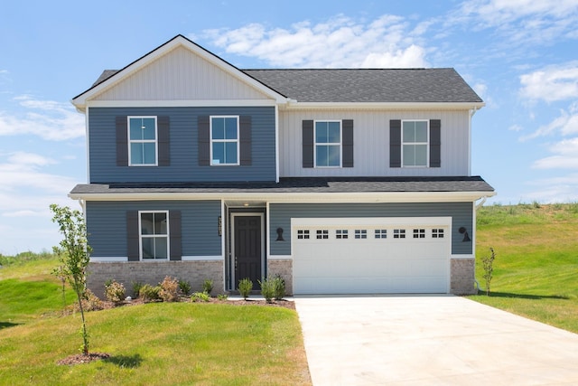 craftsman inspired home with an attached garage, stone siding, driveway, and a front lawn