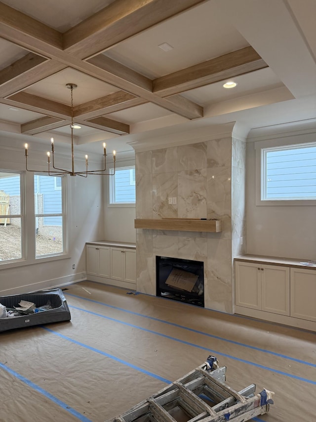 8007 Southvale Blvd, Franklin, TN 37064 - unfurnished living room featuring a fireplace, coffered ceiling, a chandelier, beam ceiling, and recessed lighting