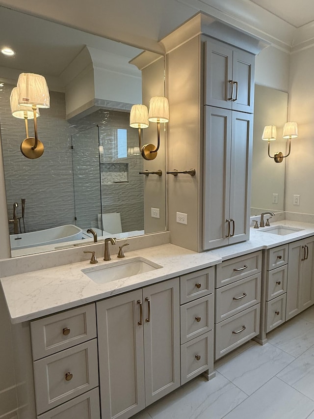 8007 Southvale Blvd, Franklin, TN 37064 - bathroom featuring marble look tiles, double vanity, tiled shower, crown molding, and recessed lighting