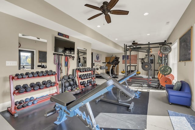 exercise room with a ceiling fan and recessed lighting