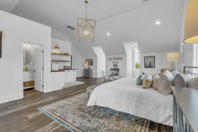 bedroom with dark wood-style flooring, visible vents, vaulted ceiling, and baseboards