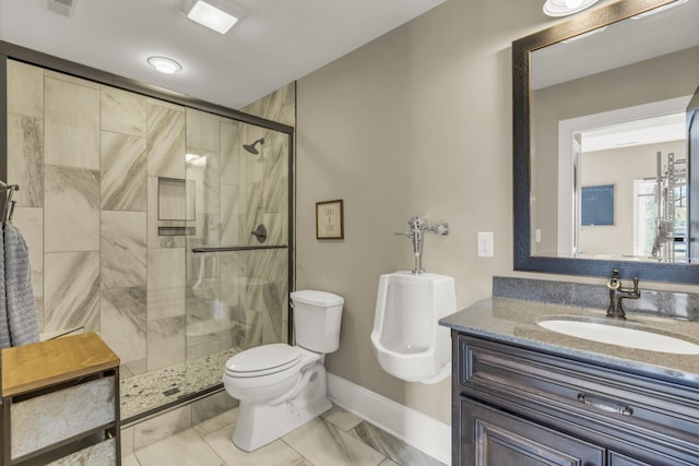 full bathroom featuring toilet, vanity, baseboards, marble finish floor, and a shower stall