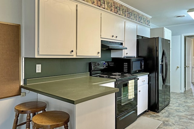 kitchen featuring under cabinet range hood, visible vents, white cabinets, black appliances, and dark countertops