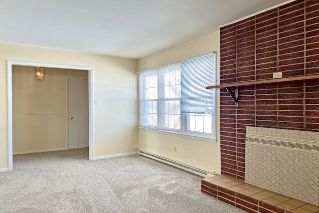 interior space featuring a baseboard radiator, carpet flooring, a fireplace, and baseboards