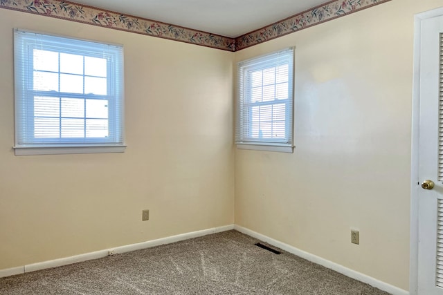 spare room featuring carpet, baseboards, and a wealth of natural light