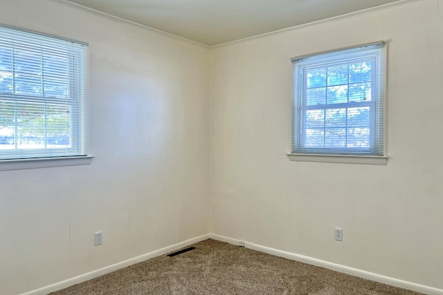 unfurnished room featuring ornamental molding, carpet, visible vents, and baseboards