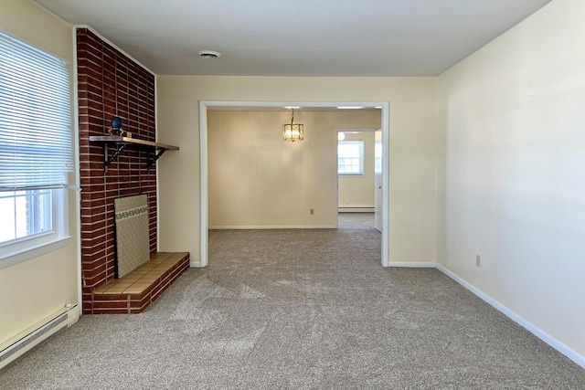 unfurnished living room featuring a baseboard heating unit, a brick fireplace, visible vents, and carpet flooring