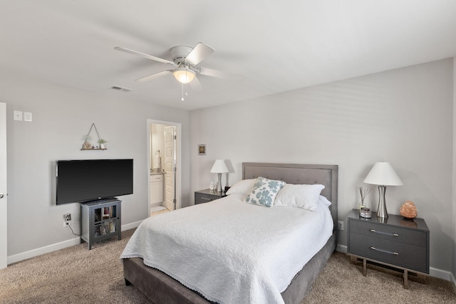 bedroom with light carpet, visible vents, baseboards, and ceiling fan