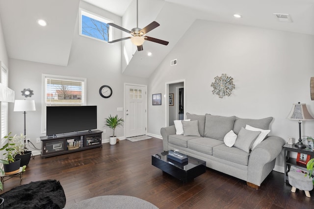 living room with dark wood-style flooring, visible vents, a ceiling fan, high vaulted ceiling, and baseboards