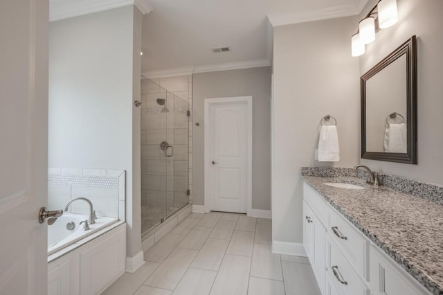 full bathroom with a garden tub, vanity, baseboards, ornamental molding, and a stall shower