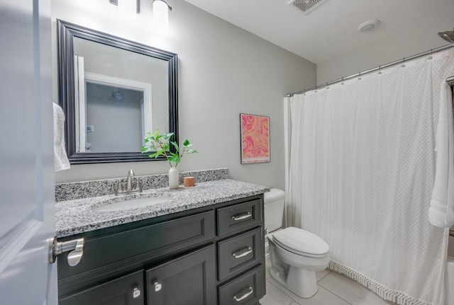 full bath with toilet, vanity, tile patterned flooring, and visible vents