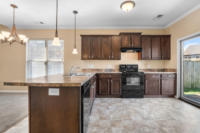 kitchen featuring visible vents, under cabinet range hood, dark brown cabinets, black appliances, and a sink