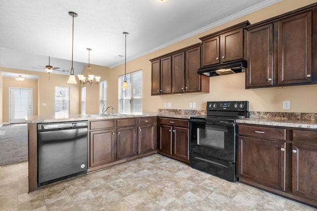 kitchen featuring dark brown cabinetry, a peninsula, under cabinet range hood, crown molding, and black appliances