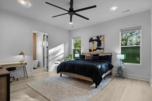 bedroom featuring recessed lighting, visible vents, a ceiling fan, light wood-type flooring, and baseboards