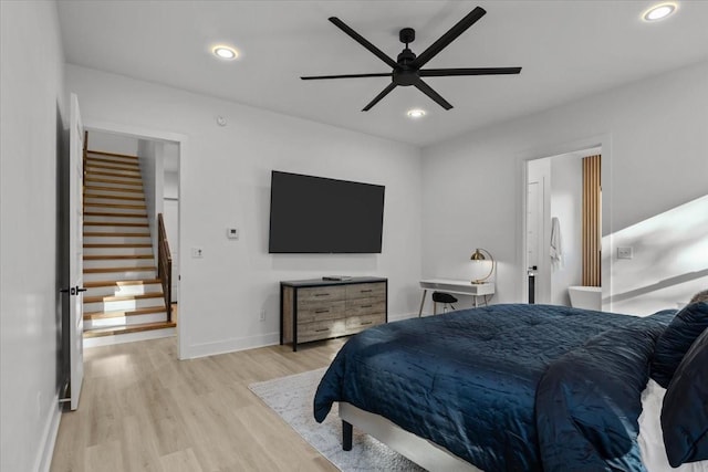 bedroom featuring light wood-style floors, recessed lighting, ceiling fan, and baseboards