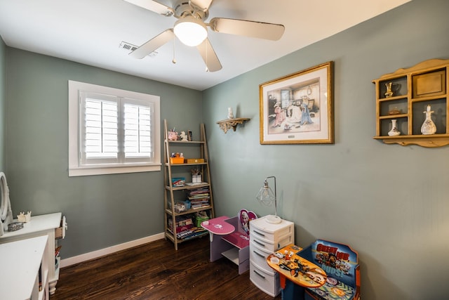 interior space featuring dark wood-style floors, ceiling fan, visible vents, and baseboards