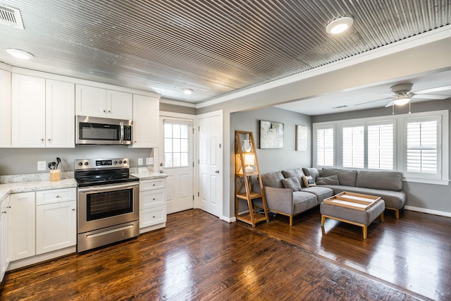 kitchen with stainless steel appliances, open floor plan, white cabinets, and dark wood finished floors