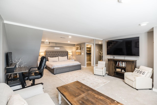 bedroom featuring recessed lighting, light carpet, and visible vents