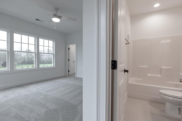 bathroom featuring bathing tub / shower combination, recessed lighting, visible vents, tile patterned flooring, and baseboards