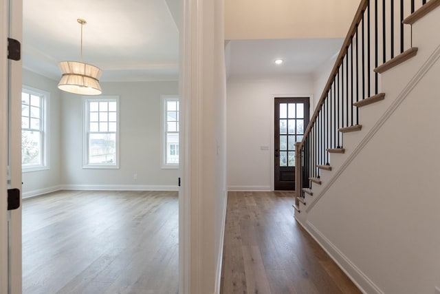 foyer entrance with ornamental molding, a healthy amount of sunlight, and wood finished floors