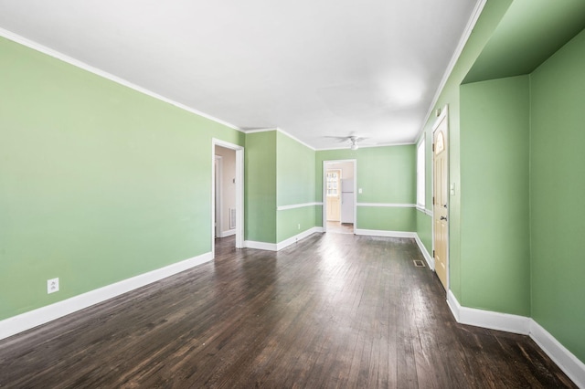 unfurnished room with ceiling fan, crown molding, baseboards, and dark wood-style flooring