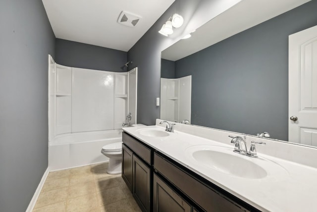 full bathroom featuring toilet, shower / tub combination, visible vents, and a sink