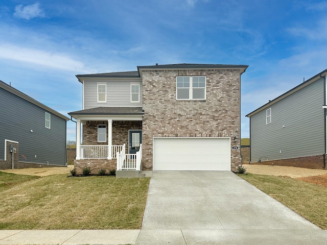 craftsman house with covered porch, brick siding, driveway, and a front lawn