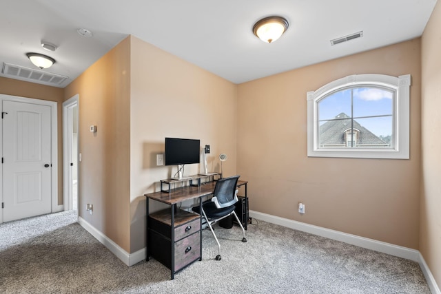 home office featuring baseboards, visible vents, and carpet flooring