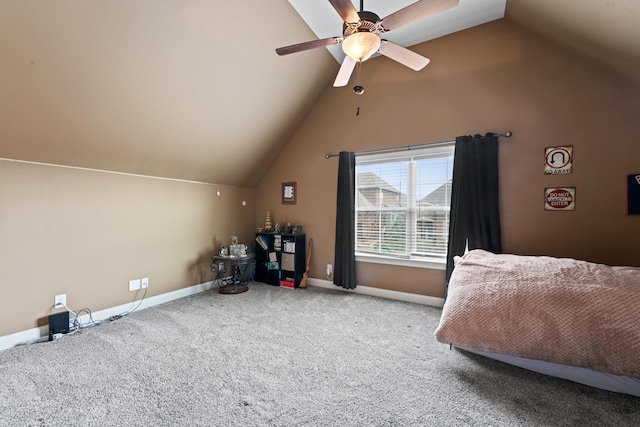 interior space with carpet, ceiling fan, lofted ceiling, and baseboards