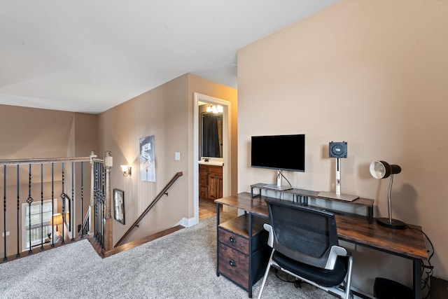 home office with light colored carpet