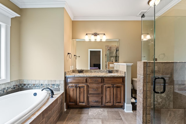 bathroom with toilet, a bath, ornamental molding, a shower stall, and a sink