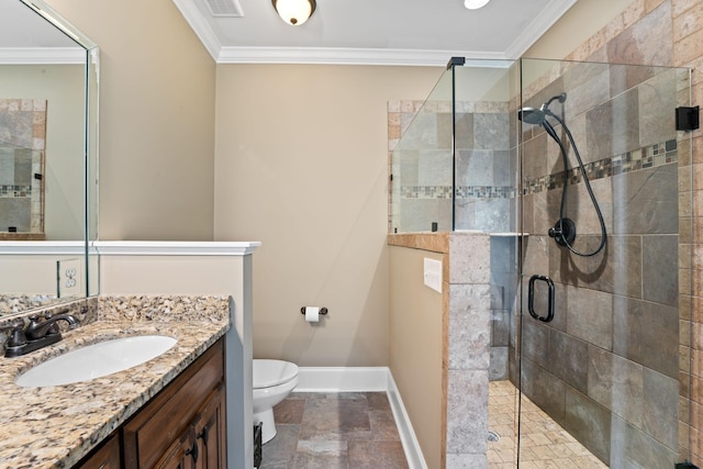 full bath with crown molding, toilet, a stall shower, vanity, and baseboards