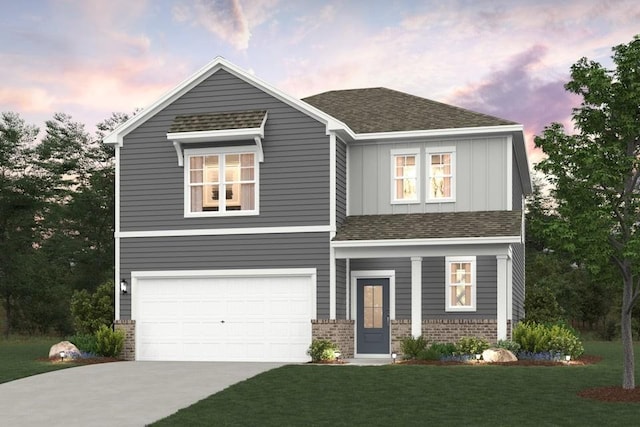 view of front of home featuring brick siding, roof with shingles, an attached garage, board and batten siding, and driveway