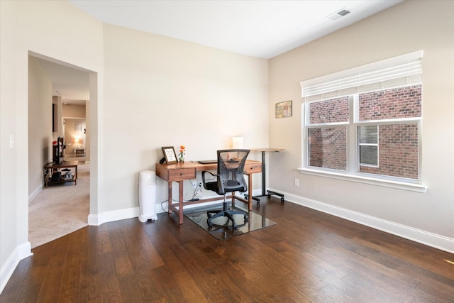 home office featuring dark wood-type flooring, visible vents, and baseboards