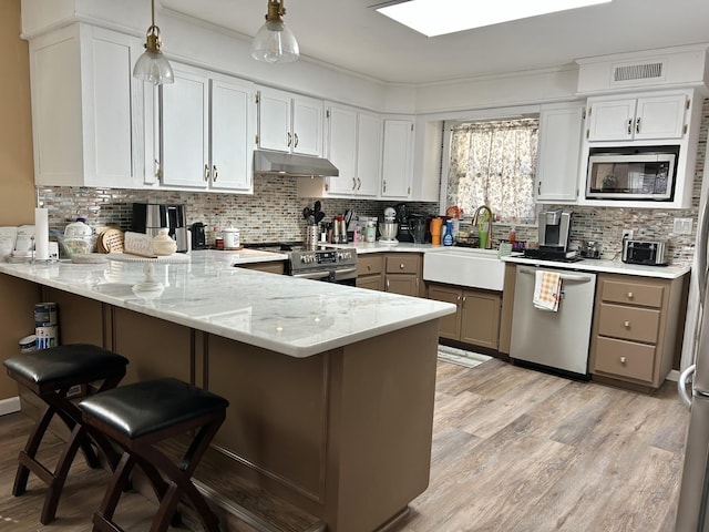 kitchen with tasteful backsplash, under cabinet range hood, appliances with stainless steel finishes, a peninsula, and a sink