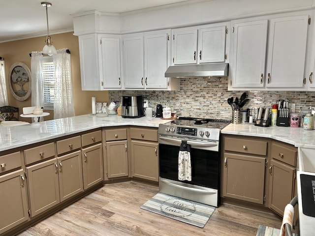 kitchen featuring crown molding, under cabinet range hood, decorative backsplash, light wood-style flooring, and stainless steel electric range