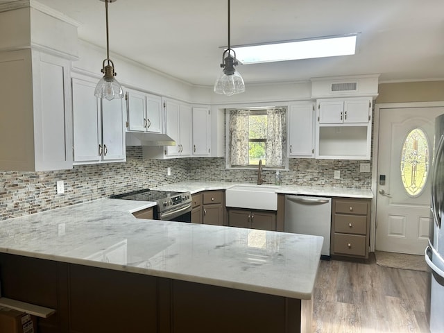 403 Bryan Blvd, Manchester, TN 37355 - kitchen with stainless steel appliances, a sink, open shelves, under cabinet range hood, and a peninsula
