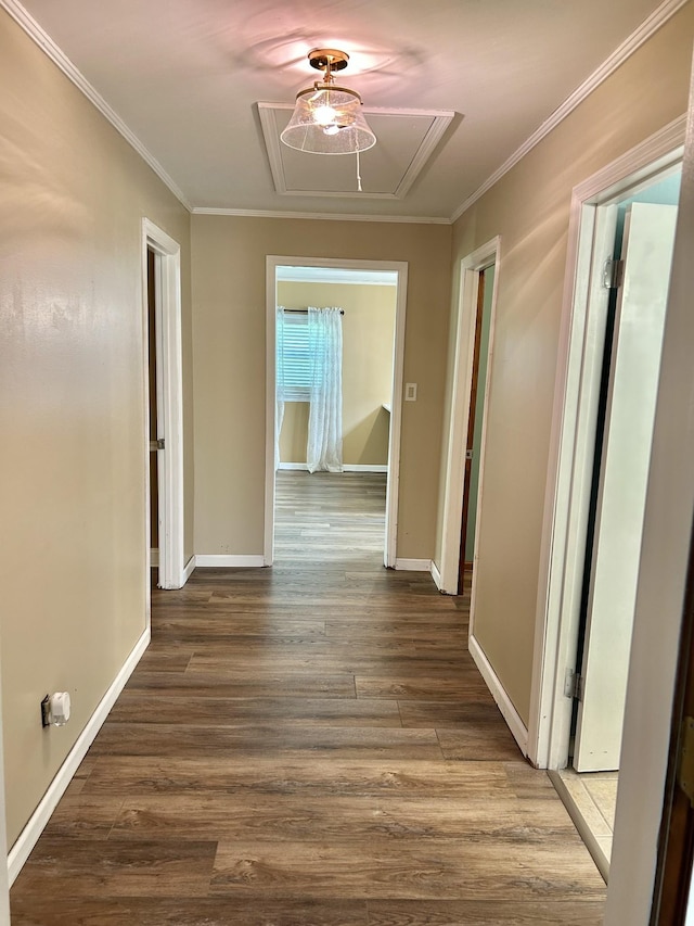 403 Bryan Blvd, Manchester, TN 37355 - hallway featuring attic access, crown molding, dark wood-type flooring, and baseboards