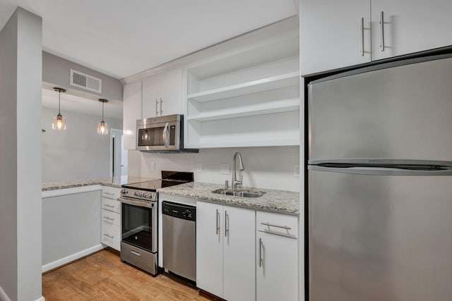 kitchen featuring visible vents, stainless steel appliances, white cabinetry, open shelves, and a sink