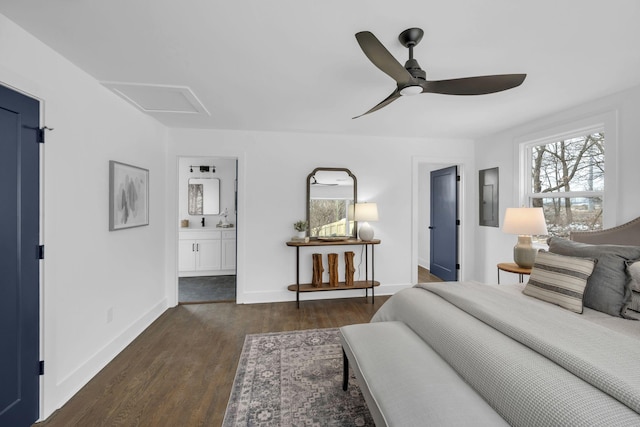 bedroom with baseboards, electric panel, dark wood-style floors, ensuite bath, and attic access