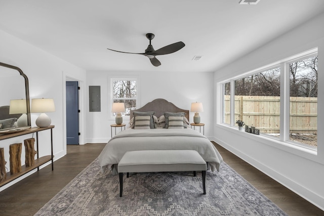 bedroom featuring ceiling fan, dark wood finished floors, electric panel, and baseboards