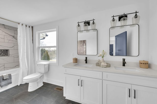 full bath featuring toilet, shower / bathtub combination with curtain, visible vents, and a sink