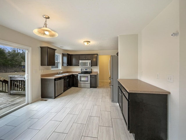 kitchen featuring wood finish floors, decorative light fixtures, stainless steel appliances, a sink, and dark brown cabinets