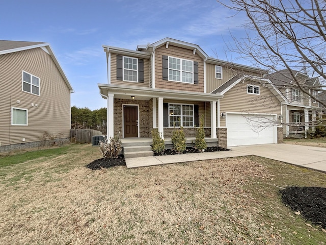 craftsman-style house with driveway, brick siding, covered porch, central air condition unit, and a front yard