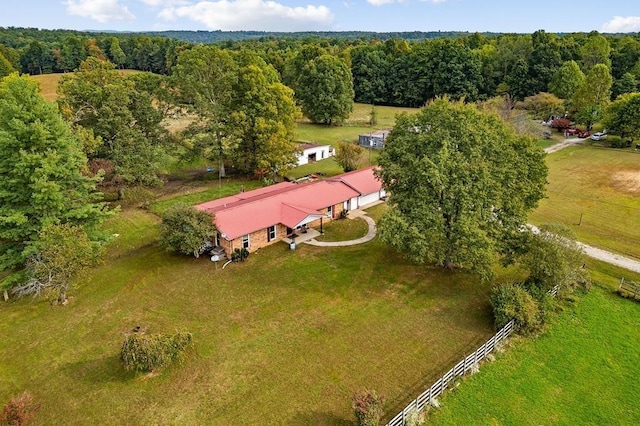 bird's eye view featuring a rural view and a view of trees