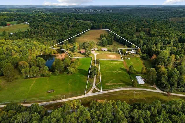 drone / aerial view featuring a water view and a wooded view