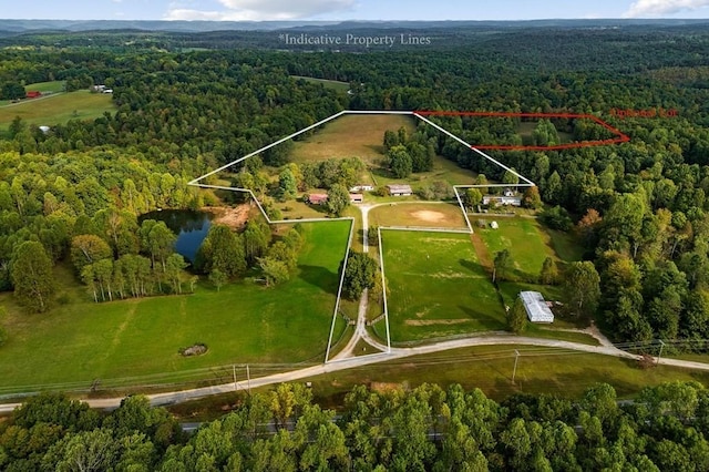 aerial view featuring a water view and a view of trees