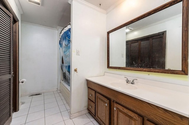 bathroom with a closet, tile patterned flooring, vanity, and shower / bathtub combination with curtain