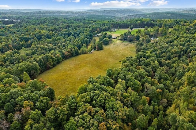 aerial view featuring a wooded view