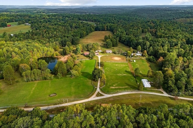 birds eye view of property featuring a water view and a wooded view